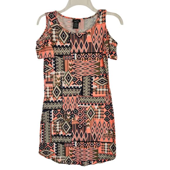 Rue 21 Dress Womens XS Salmon Green Navy Geometric Cold Shoulder Shift - Picture 1 of 7